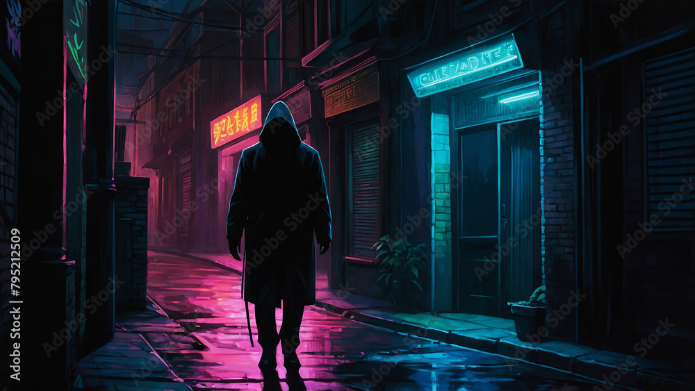 A man walks down a wet street in a neon-lit city
