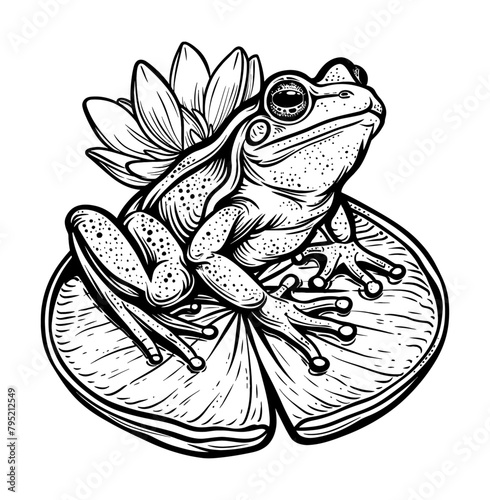 frog engraving black and white outline