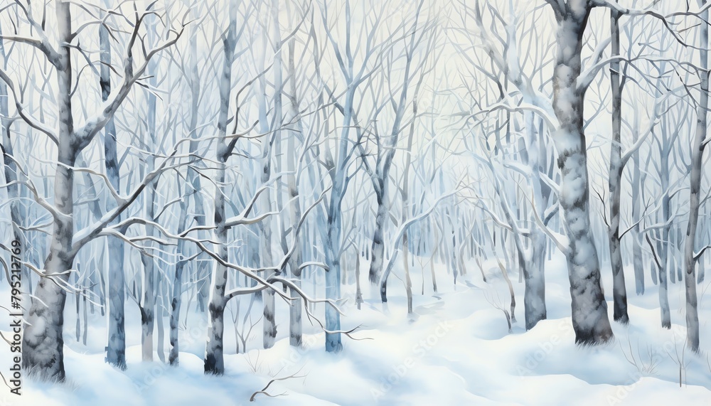 Frostkissed winter woods, bare branches dusted with snow, serene blues and whites, detailed and cold border, isolated on white background, watercolor Frostkissed winter woods, bare branches dusted with snow, serene blues and whites, detailed and cold border, isolated on white background, watercolor