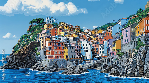 The colorful and quaint seaside village of Cinque Terre, Italy, with pastel-colored houses stacked along the rugged coastline, overlooking the azure waters of the Mediterranean. - (2) photo
