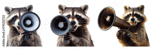 Three raccoons are holding microphones and making loud noises Set of png elements.
