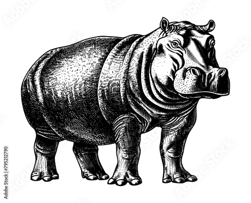 hippopotamus engraving black and white outline