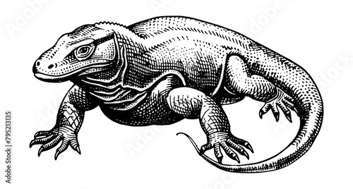 komodo dragon engraving black and white outline