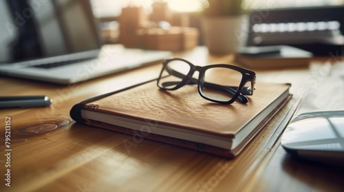 Sunlight washes over a workspace featuring glasses on a journal, suggesting productive academic pursuits. © Cassova