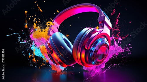 Headphones over Neon splashing wih vibrant colours, dynamic music blaster. photo