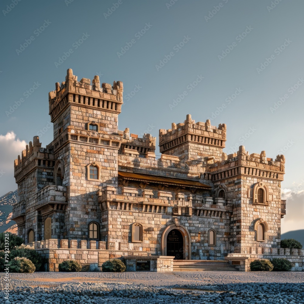 A beautiful stone castle with intricate details and a grand entrance.