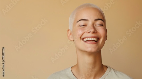 smiling young woman with very short white hair wearing casual t shirt on an ivory background, studio shot