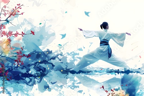 Painting of women in traditional Chinese dress practising tai chi.