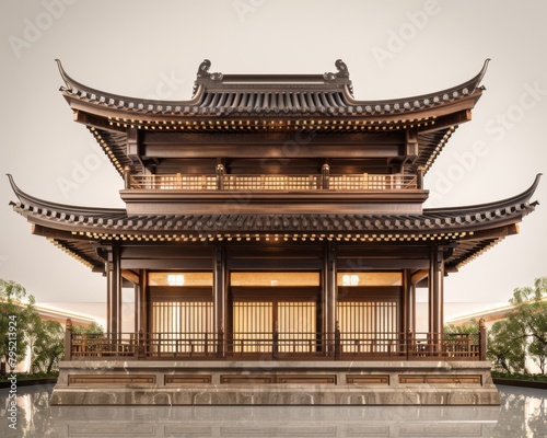 A Chinese style pavilion with intricate wooden latticework and a grey tile roof.