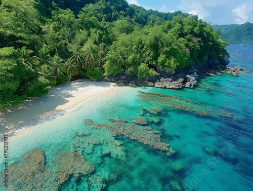 A beautiful beach with a clear blue ocean and lush green trees in the background. The scene is serene and peaceful, with the water and trees creating a sense of calm and relaxation