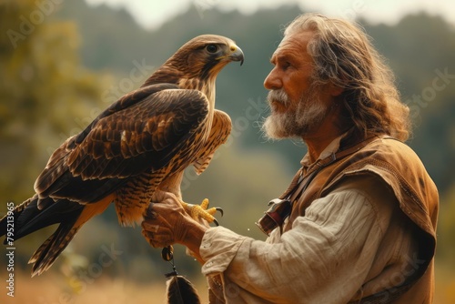 Falconer with a majestic bird of prey, ancient hunting method, natural background