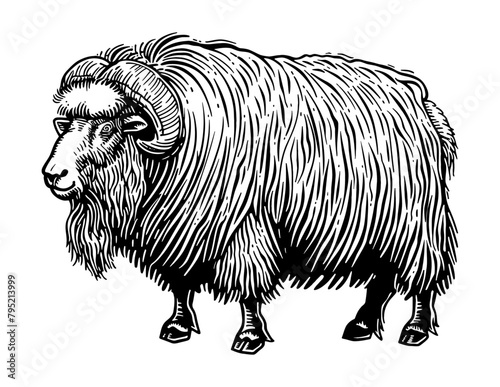 musk ox engraving black and white outline