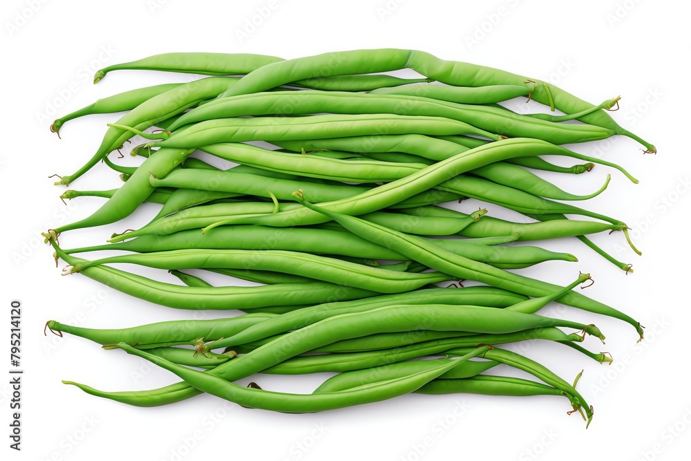 Slender green beans, lined up neatly, their fresh snap a promise of taste, vivid colors captured in high detail, isolated on white background Slender green beans, lined up neatly, their fresh snap a promise of taste, vivid colors captured in high detail, isolated on white background