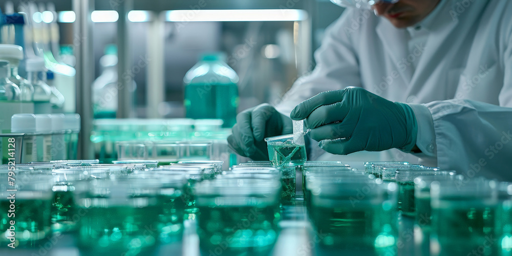 Fototapeta premium scientist with white lab coat and gloves works in laboratory. 