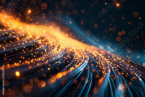 Close-up of fiber optic cables transmitting pulses of light, data flow visualization