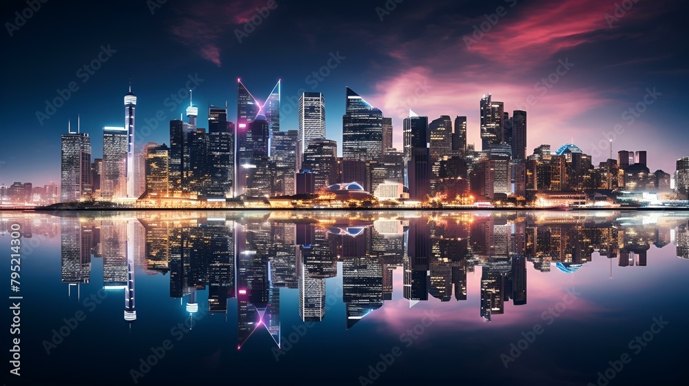 Panoramic view of the modern city at night with Panoramic view of the modern city at night with