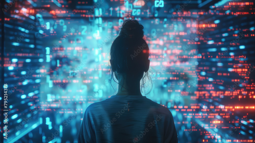 Back View of Woman Analyzing Digital Data Display Back View of Woman Analyzing Digital Data Display