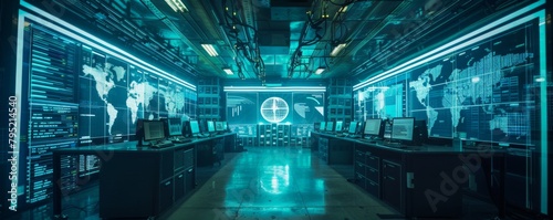 A futuristic control room with a large screen showing a world map and various data. #795214540