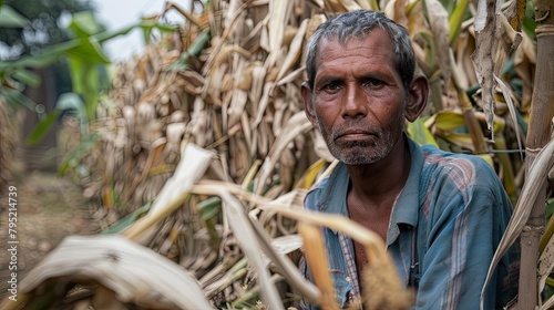 An impoverished farmer faces crop failure and food insecurity. African American, black man, poverty, hunger, tragedy, field, close-up, blur, sadness and concern for tomorrow. Generative by AI