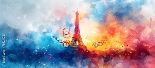 Eiffel Tower Intertwined with Vibrant Olympic Rings in Watercolor Painting