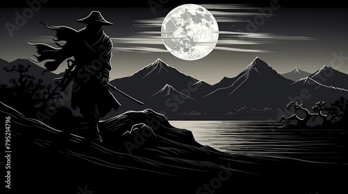 Japanese ninja stealthily moving through a moonlit landscape. Aesthetics, black silhouette against a background of moonlight, ninjutsu, straw hat, Japanese style. Generative by AI