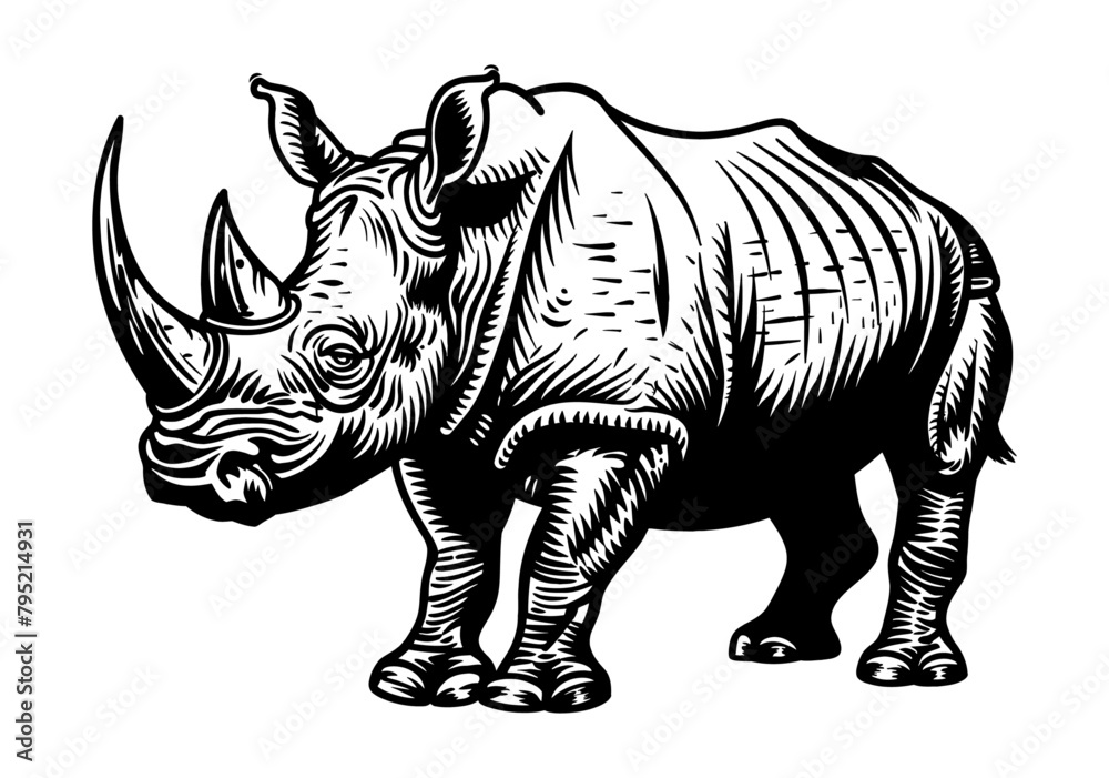 Fototapeta premium rhino engraving black and white outline