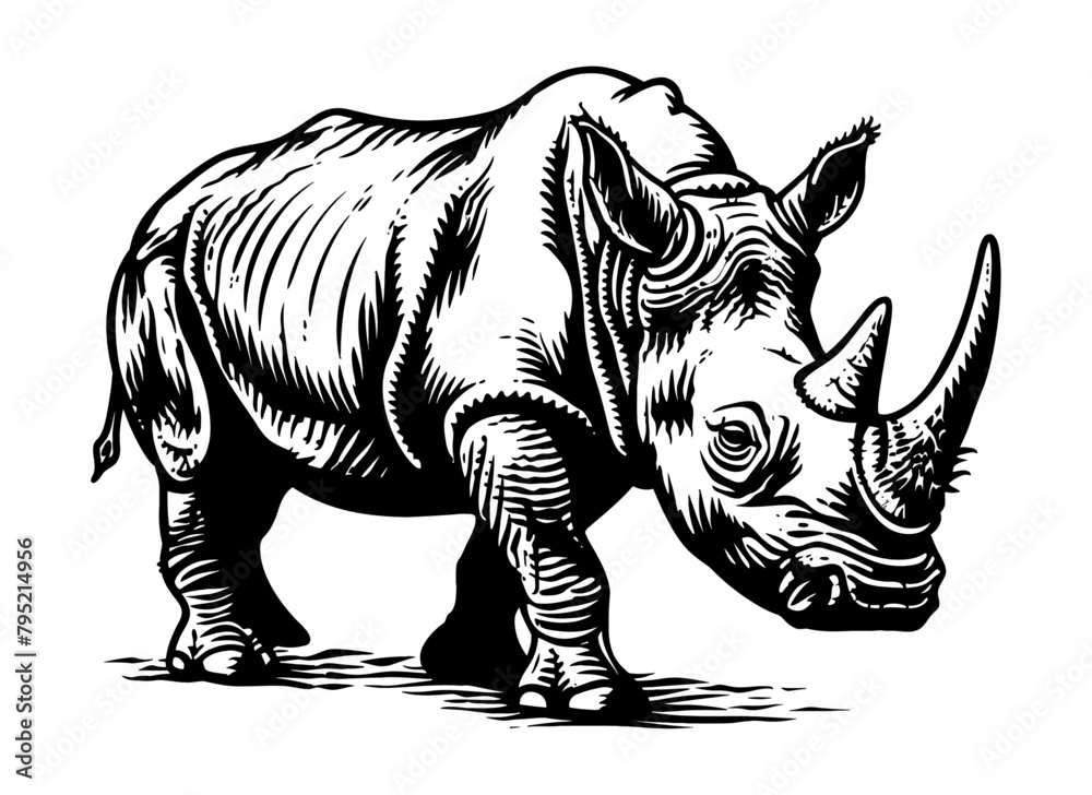 rhino engraving black and white outline
