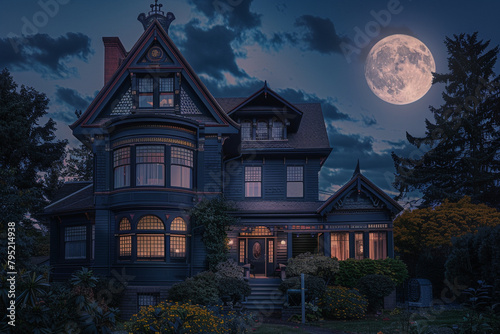 Diagonal view of a classic navy craftsman cottage with an ornate Victorian-style roof, under the radiant light of a full moon, evoking a sense of mystery and historical charm.