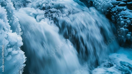 Ice and water mix at Arafed Waterfall in serene blue hues
