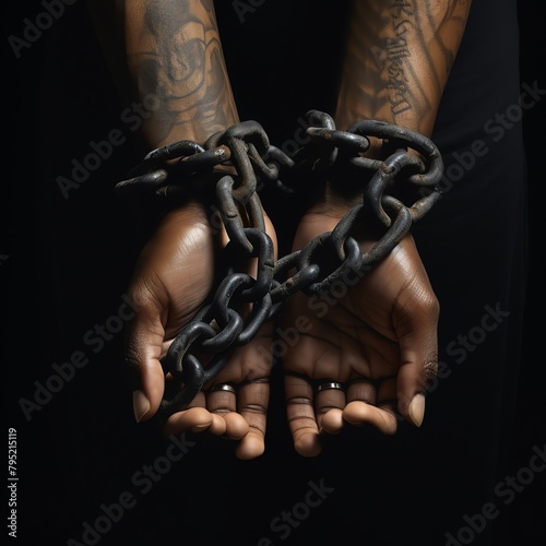 Two hands clasped together, each adorned with a symbolic chain, portraying a powerful message of unity and solidarity against a stark black background
