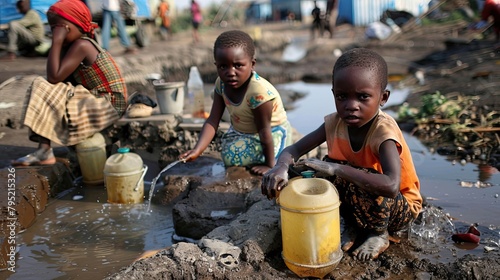 Lack of clean water and sanitation in poor communities. South, poverty, devastation, garbage everywhere, not life, but survival. A black-skinned child is trying to get water. Generative by AI