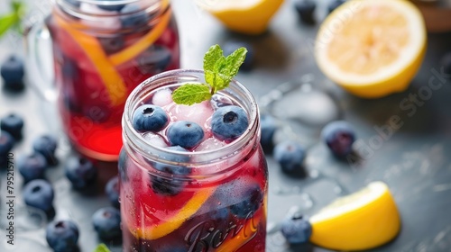 A vibrant blueberry lemonade, with plump blueberries and tart lemon juice, served over ice in a mason jar with a sprig of fresh mint for garnish, perfect for a summer picnic.