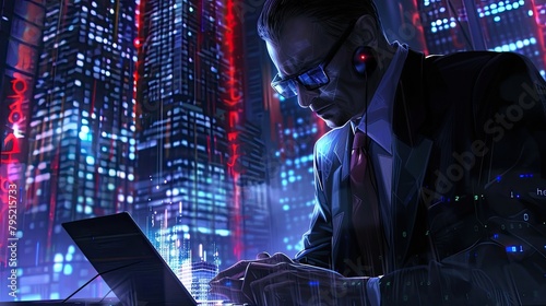 A mysterious agent in a hat, glasses and a jacket secretly transmits encrypted data, tracking down criminals, special agent, abstract image. Matrix concept, cyber space. Generative by AI