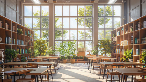 A large room with many bookshelves and a lot of chairs