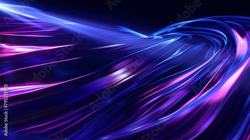 Dynamic and vibrant abstract waves of blue and purple, simulating a fluid motion with a glowing effect.