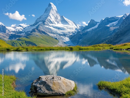 A large mountain range with a lake in the foreground. The lake is surrounded by grass and a rock is in the middle of the water. The scene is peaceful and serene, with the mountains in the background