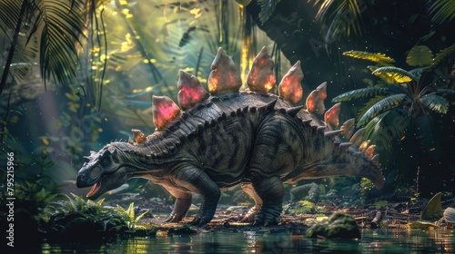 AI-generated majestic dinosaurs in a prehistoric landscape. Stegosaurus. Vivid colors and intricate details bring these ancient creatures to life. The concept of time when dinosaurs ruled the Earth. © Acronym