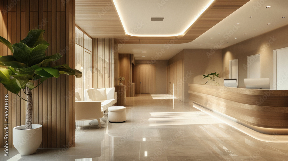 Fototapeta premium A large open lobby with a wooden floor and a potted plant