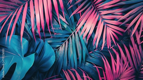 Tropical palm and monstera leaves in vibrant pink and blue colors, Retro style photo