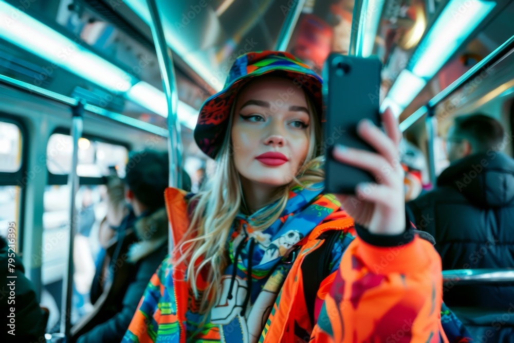 Young woman with striking makeup takes a selfie on a city bus with her smartphone, capturing her individual style Young woman with striking makeup takes a selfie on a city bus with her smartphone, capturing her individual style