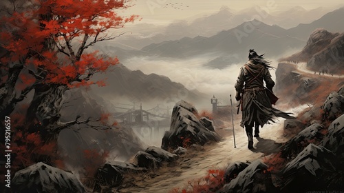 Ronin warrior wandering a rugged mountain path. Japanese aesthetics, silhouette, mountain landscape, long unkempt hair, straw hat, Japanese style. Lonely traveler warrior concept. Generative by AI