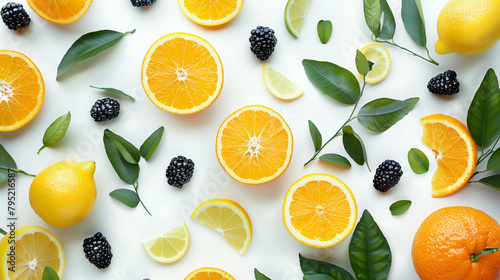 Immerse yourself in a feast for the eyes with an AI-generated image showcasing a variety of oranges, lemons, blackberries, and leaves set against a pristine white background.