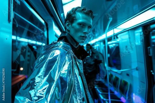 A youthful model is styled in a reflective jacket, adding a trendy touch to a subway setting