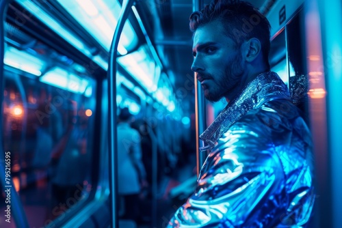 Picture of a person in a shiny holographic jacket standing in a subway train surrounded by neon lights
