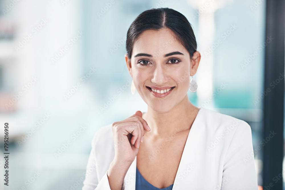 Business woman, worker and portrait in office for career confidence and about us in consultation. Face of professional employee, person or consultant in human resources with advice and job integrity