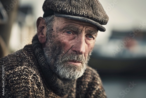 A seasoned man in knitwear stands by the harbor, evoking thoughts of maritime life and tradition photo