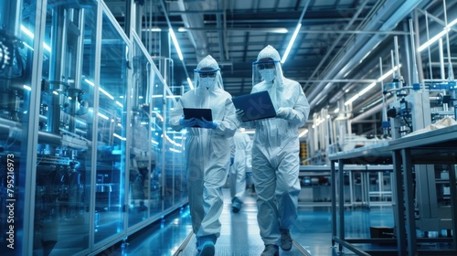 Scientists Walking in a Heavy Industry Factory in Sterile Coveralls and Face Masks, Using Laptop Computer.