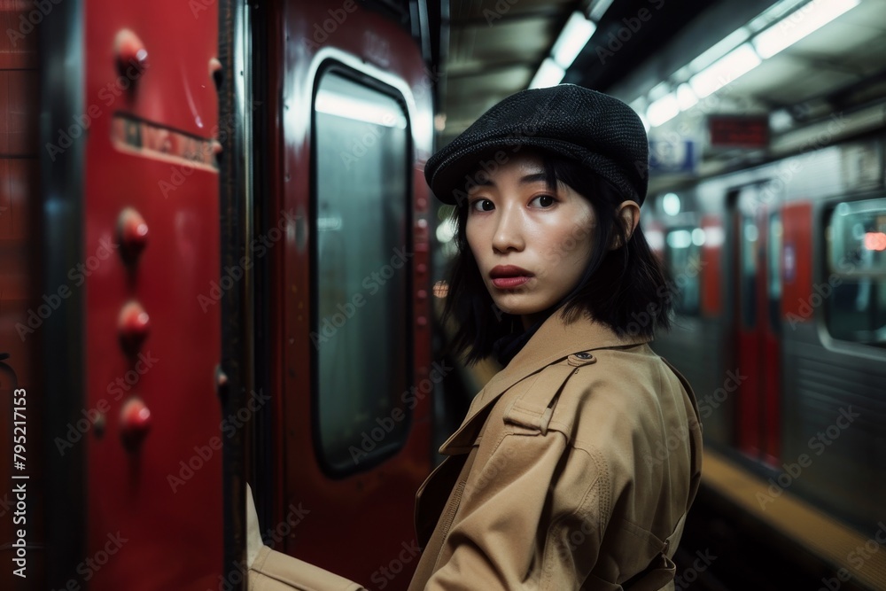 An elegantly dressed person seemingly waits in anticipation at a subway station, exuding a sense of urban style An elegantly dressed person seemingly waits in anticipation at a subway station, exuding a sense of urban style