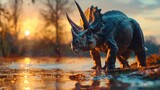 AI-generated majestic dinosaurs in a prehistoric landscape. Triceratops. The concept of time when dinosaurs ruled the Earth.