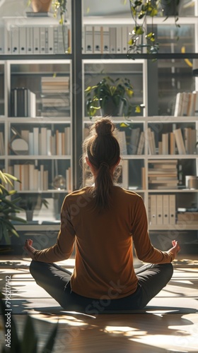 A woman in a yoga pose, sitting on a mat in a room with a large bookshelf and a plant